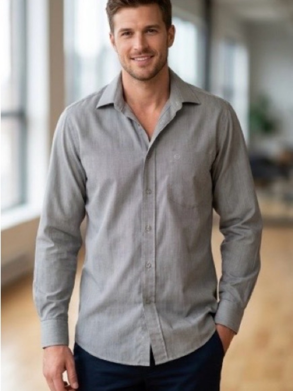 Slim Fit Long-Sleeve Button-Down Shirt in Light Gray
